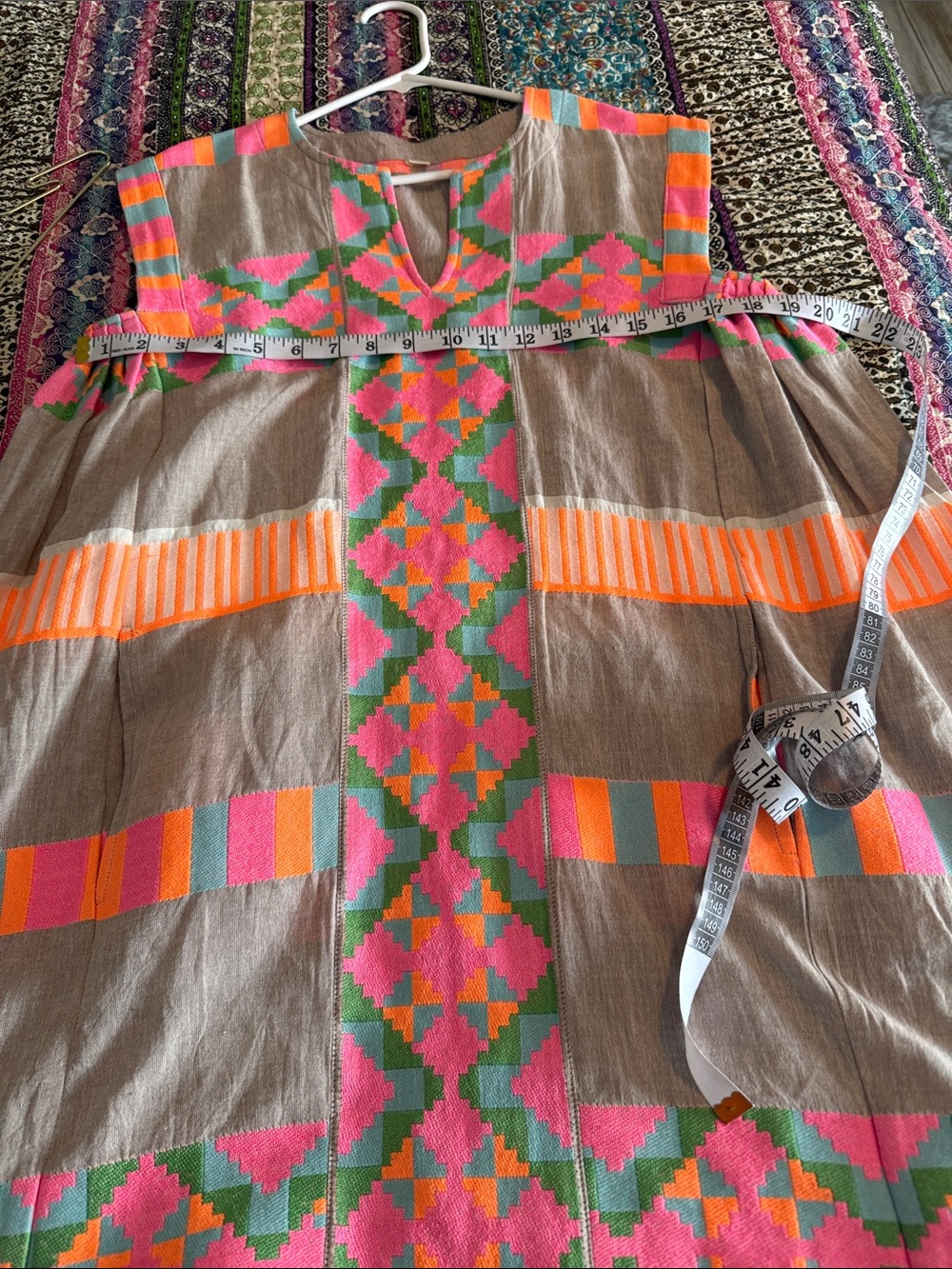 Sleeveless Embroidered Tunic Dress - Gray with Neon Pink & Coral Accents - Picture 5 of 6